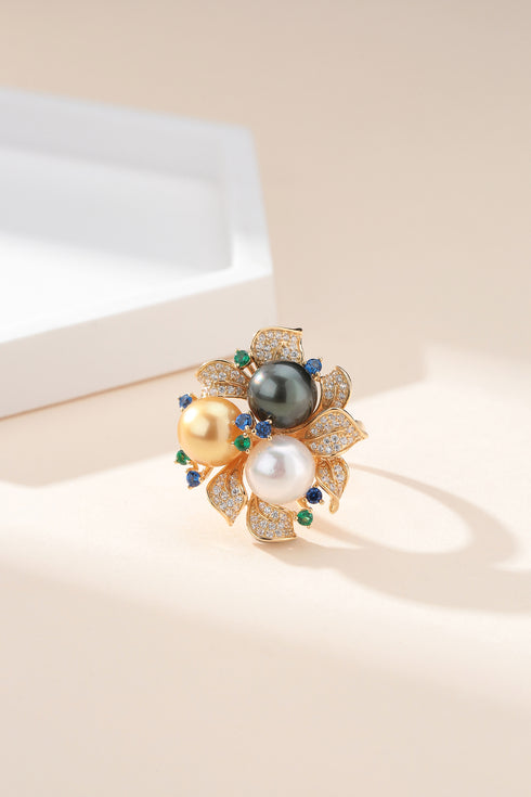 Three Color Pearl Floral Ring - House Of Pearls